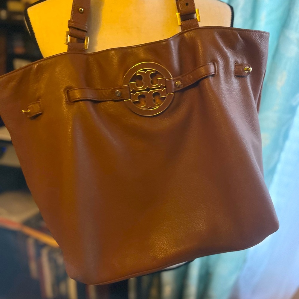 Tory Burch Saddle Brown Leather Amanda North/South Tote/Purse with Gold Accents